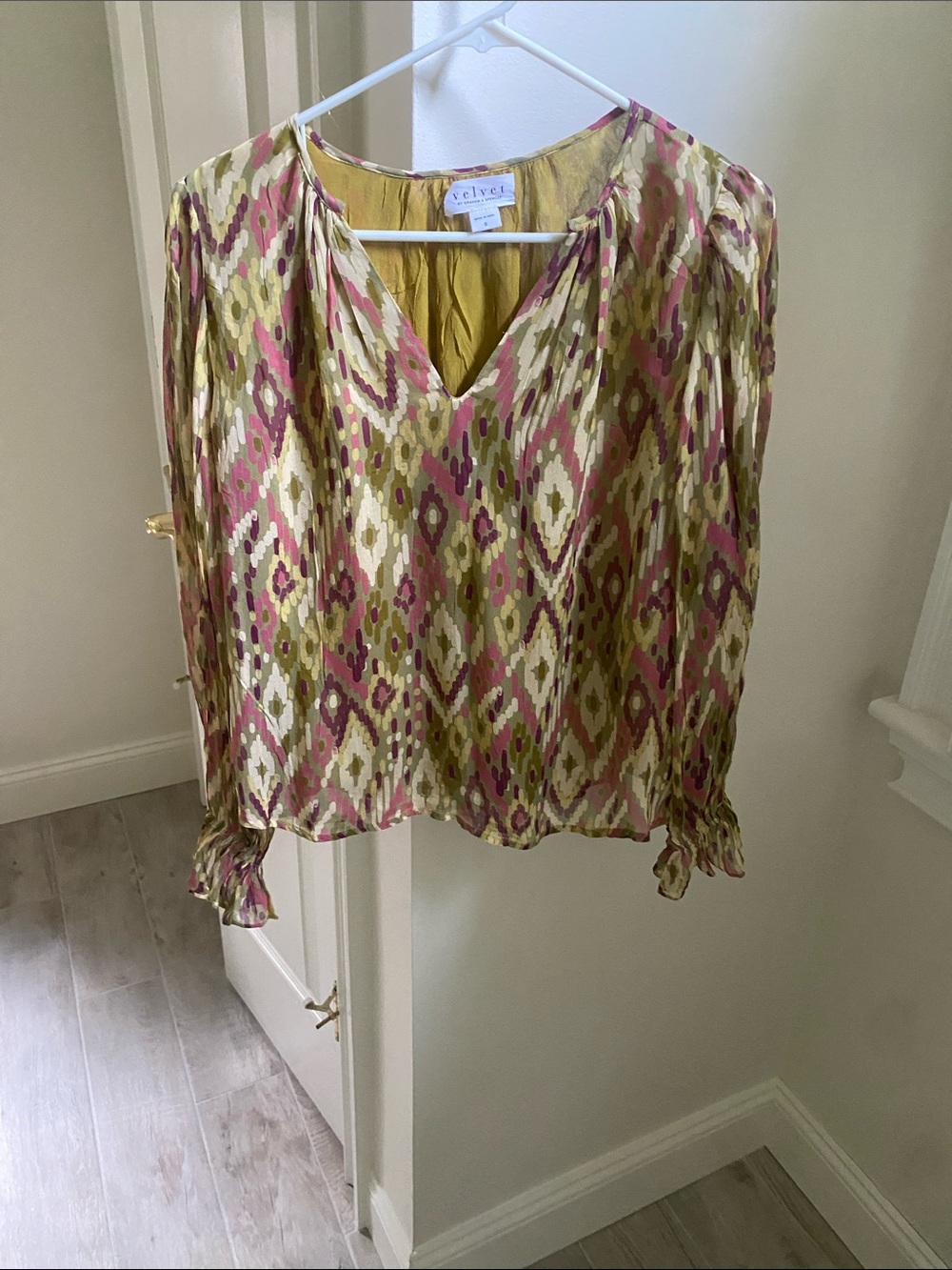 Velvet by Graham & Spencer Pink and Olive Ikat V-Neck Blouse
